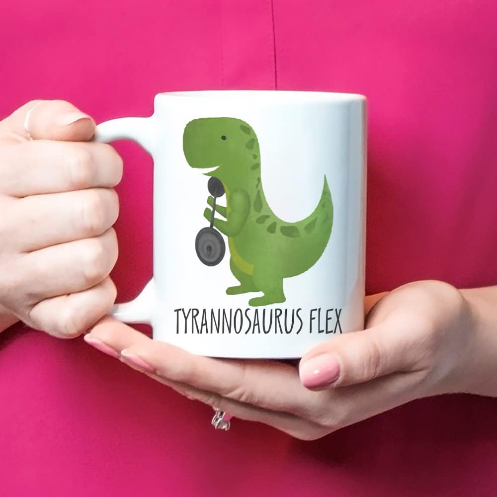 Tyrannosaurus Flex - Personal Training Mug, T-Rex Dinosaur, Fitness Mug, Coffee Mug, 325ml, White