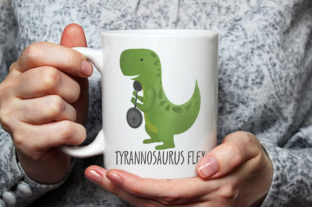 Tyrannosaurus Flex - Personal Training Mug, T-Rex Dinosaur, Fitness Mug, Coffee Mug, 325ml, White