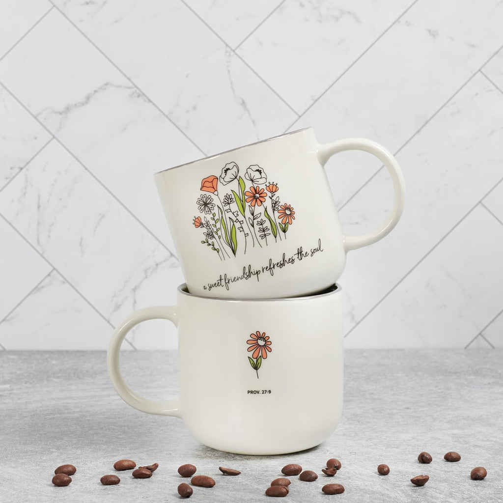 Large ceramic coffee and tea mug, perfect for women and friends: Sweet Friendship - Proverbs 27:9, cute mug, microwave/dishwasher safe, white and grey-green two-tone, 15 oz.