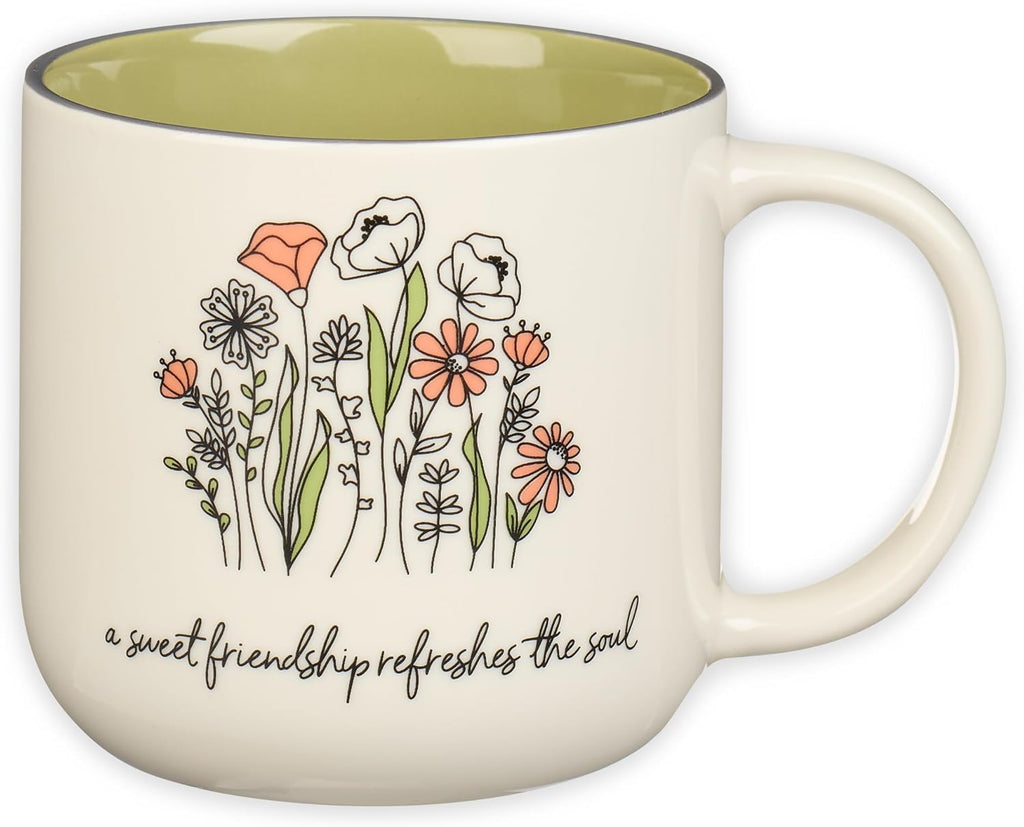 Large ceramic coffee and tea mug, perfect for women and friends: Sweet Friendship - Proverbs 27:9, cute mug, microwave/dishwasher safe, white and grey-green two-tone, 15 oz.