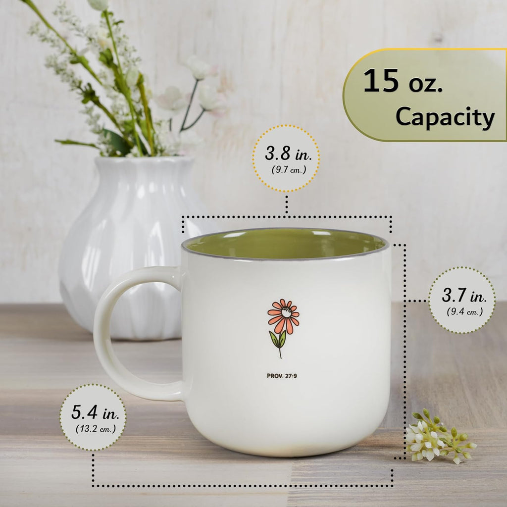 Large ceramic coffee and tea mug, perfect for women and friends: Sweet Friendship - Proverbs 27:9, cute mug, microwave/dishwasher safe, white and grey-green two-tone, 15 oz.