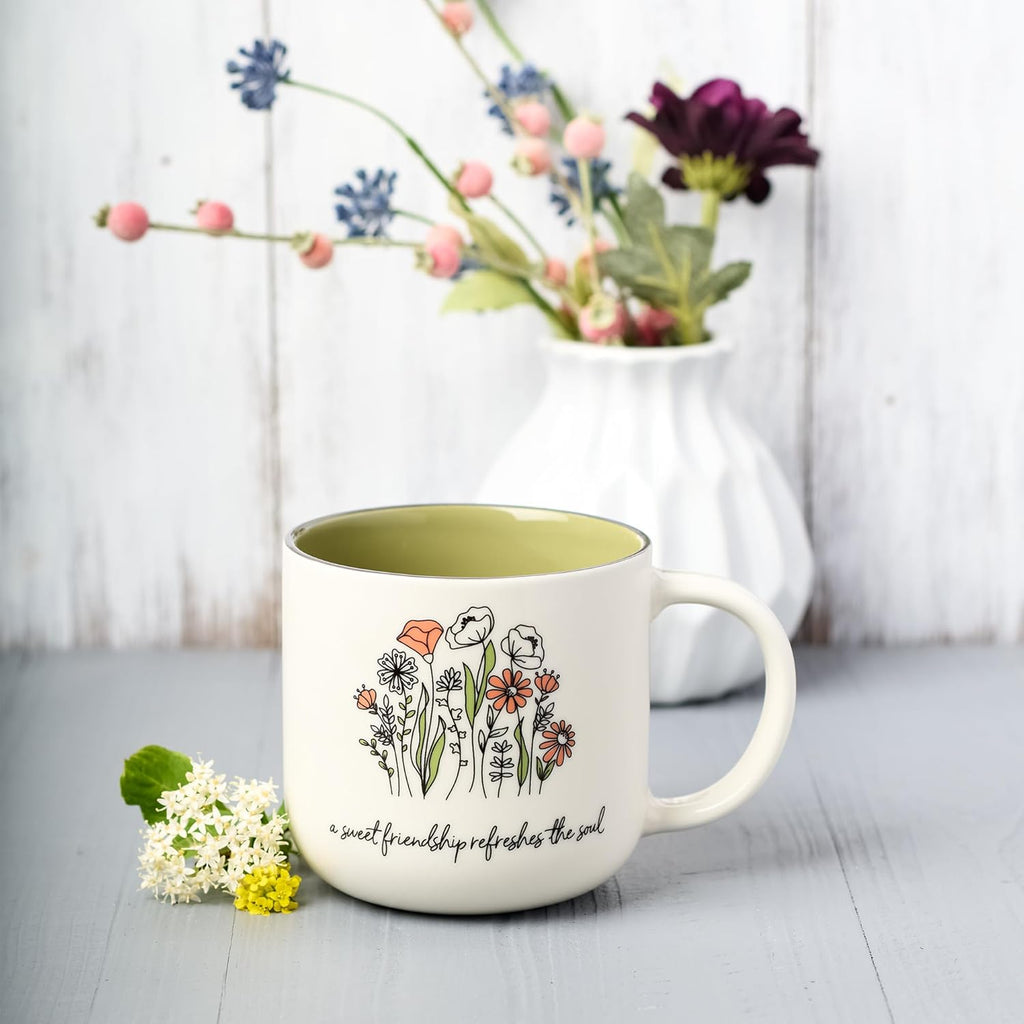 Large ceramic coffee and tea mug, perfect for women and friends: Sweet Friendship - Proverbs 27:9, cute mug, microwave/dishwasher safe, white and grey-green two-tone, 15 oz.